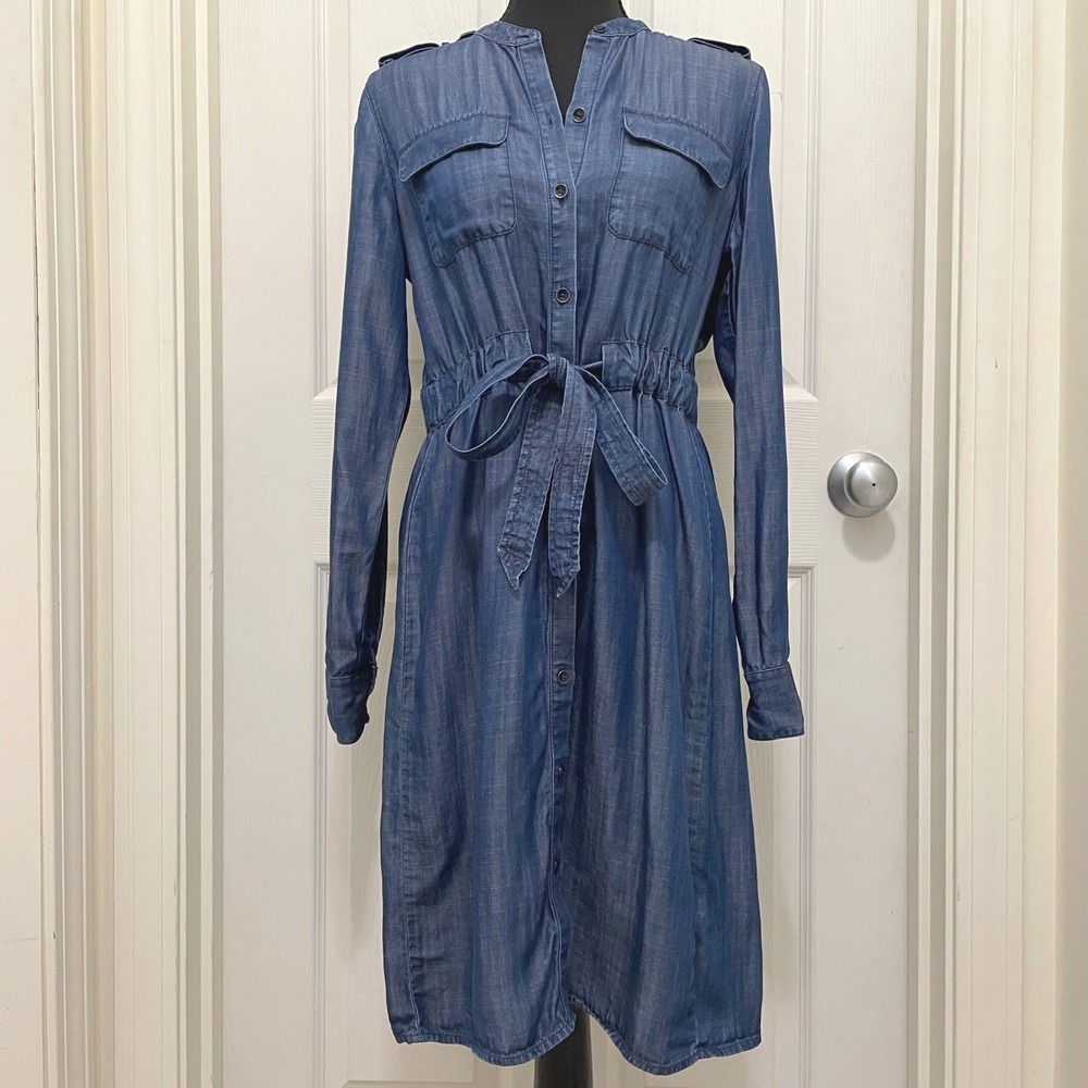 Foxcroft NYC Chambray Button Front Shirt Dress Blue Tencel Tie Waist Size 4